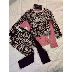 Bebe Girl's Animal Print Outfit. 2 Shirts, 2 Leggings In Pink and Black Leopard